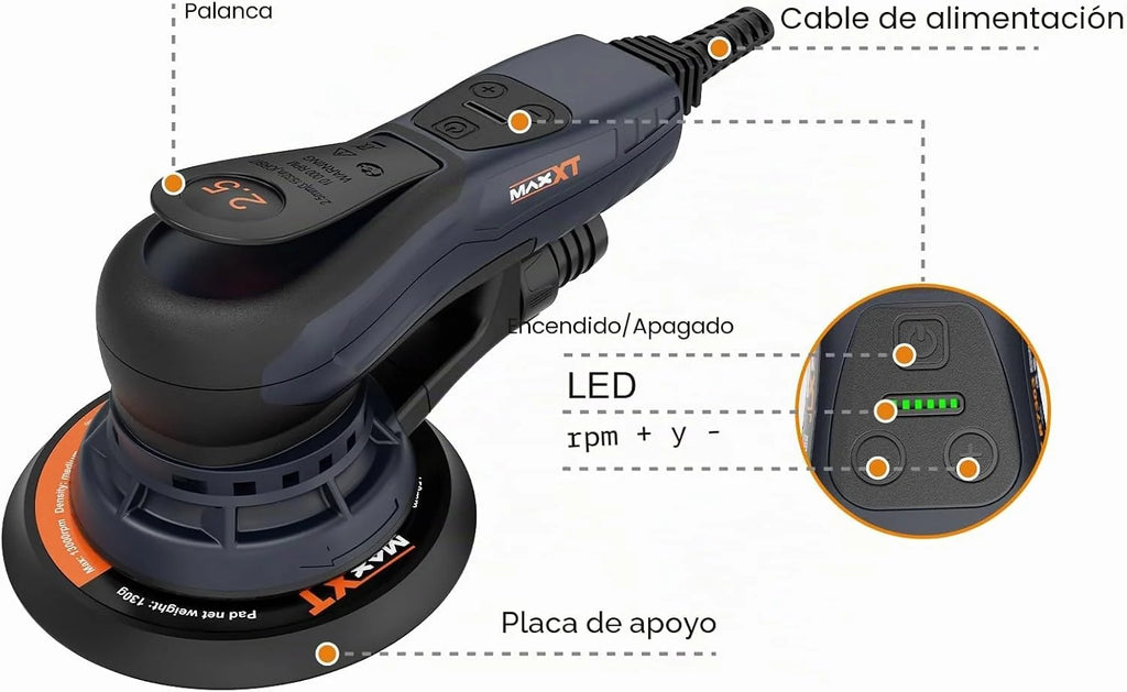MAXXT Lijadora Orbital Aleatoria 2.5mm Sin escobillas 230V Multifuncional Velocidad Variable Eléctrica Corded Orbital Lijadora Máquina con 10 Papel de lija para trabajar la madera