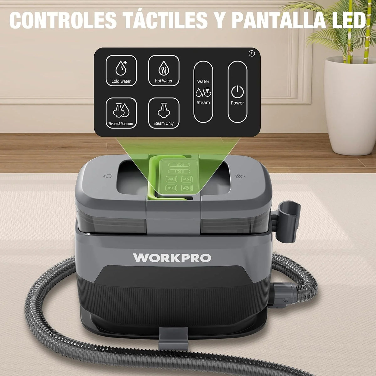 WORKPRO Limpiador de Tapicerías y Alfombras a Vapor con Aspirador 4 en 1, Potente Succión 16 kPa, Accesorios para Suciedad de Mascotas, Sofás, Colchones, Cortinas, Asientos de Coche
