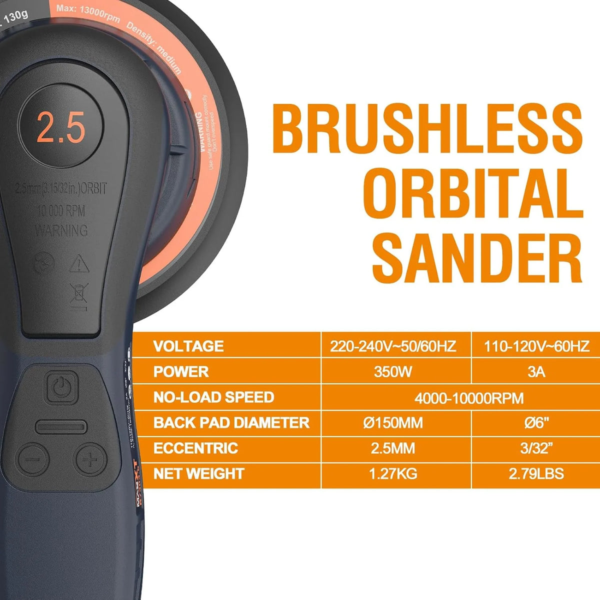 MAXXT Lijadora Orbital Aleatoria 2.5mm Sin escobillas 230V Multifuncional Velocidad Variable Eléctrica Corded Orbital Lijadora Máquina con 10 Papel de lija para trabajar la madera