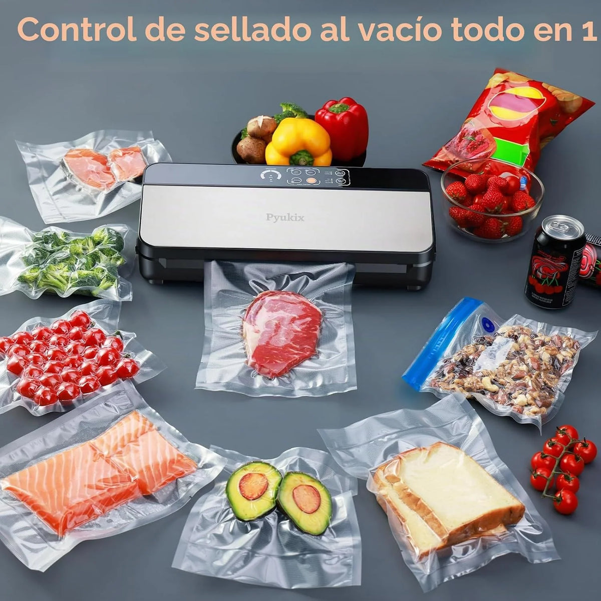 Envasadora al Vacio, 80KPA Domestica 8-EN-1 Maquina Envasar al Vacío Profesional Modos de Alimentos Seco y húmedos, 2 con bolsa enrollable 11 bolsas de vacío y cortador integrad