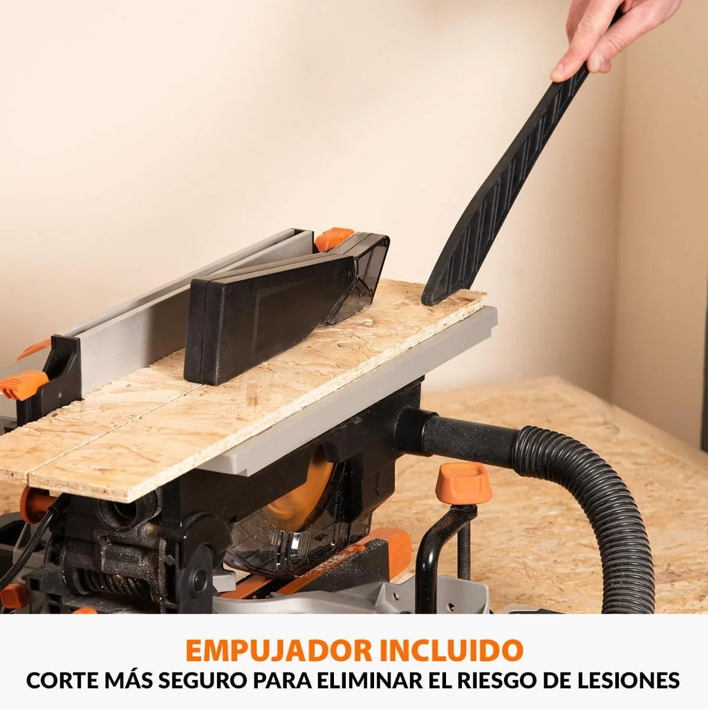Evolution Power Tools R210MTS-G2 Sierra híbrida convertible de mesa/ingletadora, compacta y portátil, corte multimaterial, corta madera, metal, plástico, etc.; incluye una hoja de 210 mm