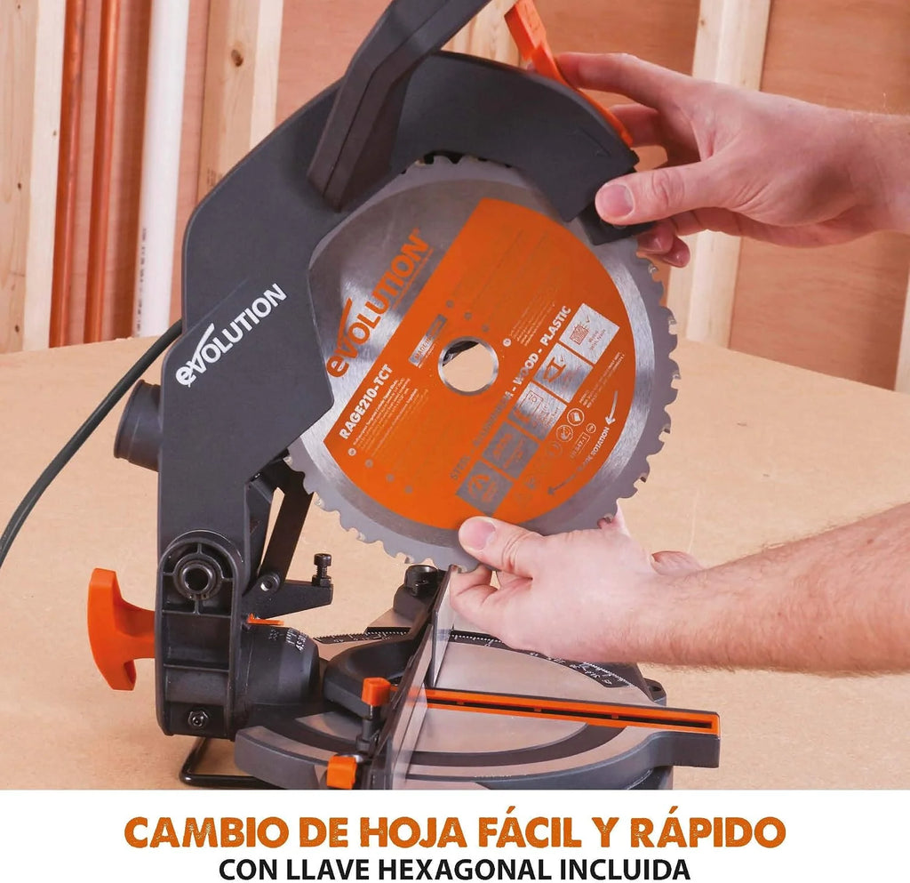 Evolution Power Tools R210CMS Multimaterial Sierra Ingletadora - Corta acero dulce, aluminio, plástico, madera con clavos incrustados, 210 mm