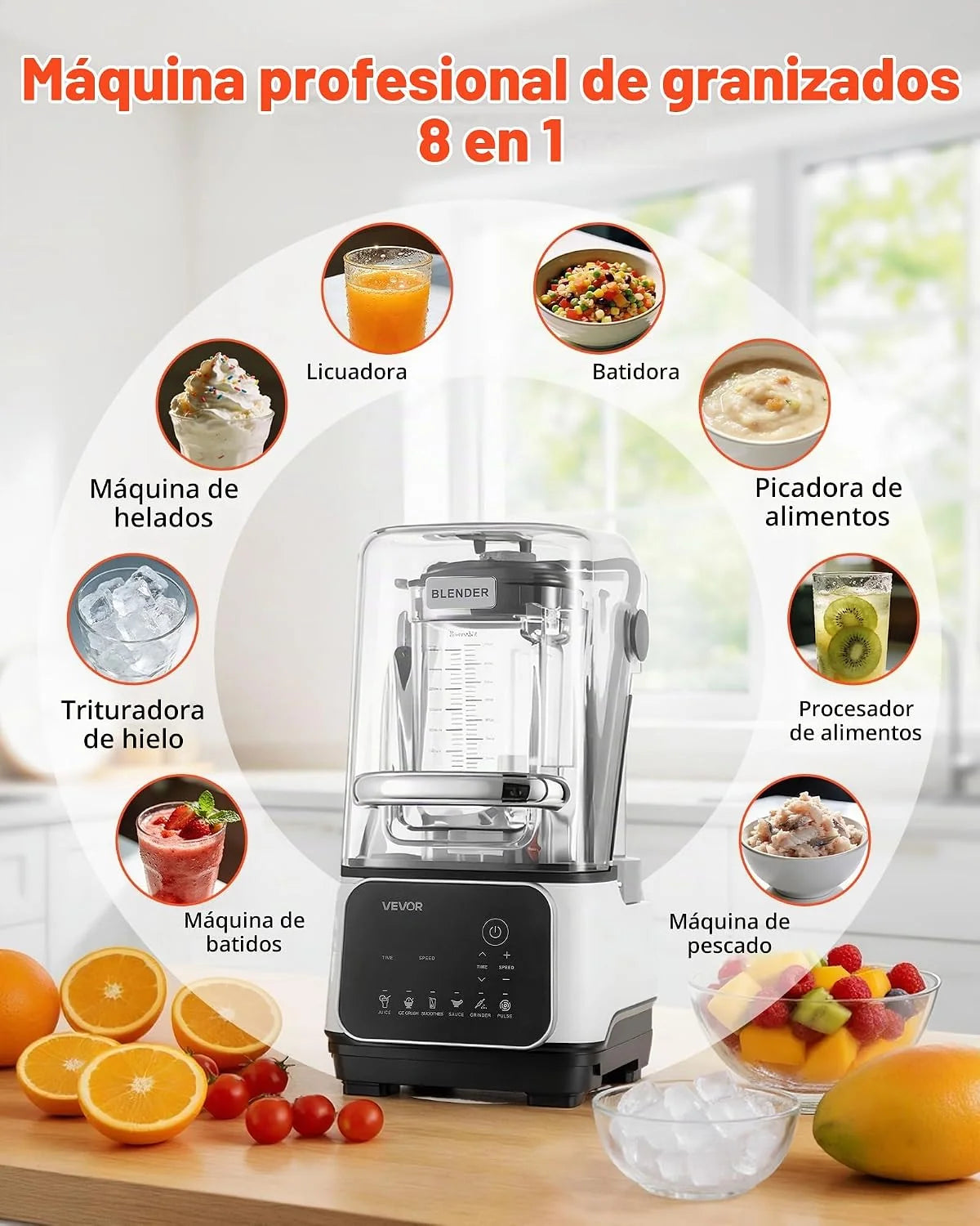 VEVOR Batidora de Vaso con Jarra de 2 L, Licuadora Profesional con Protector, 2200 W, 26000 RPM, Velocidad Ajustable, 6 Programas Preestablecidos para Batidos, Trituración de Hielo, Purés, Blanco