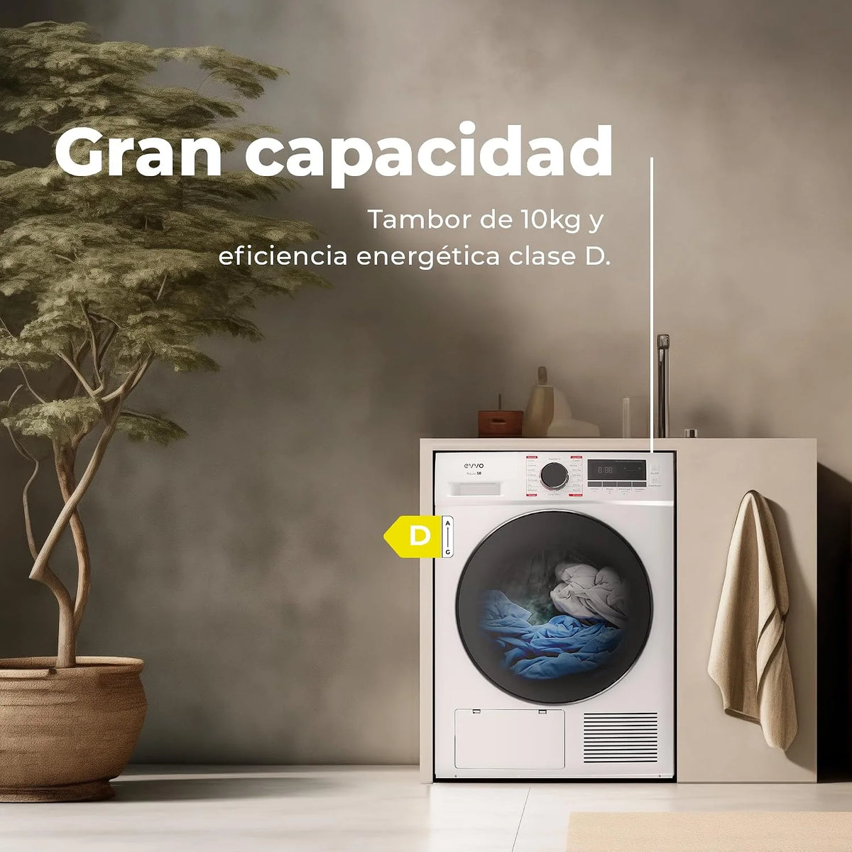 EVVO Secadora bomba de calor 10 kg S10X, Efic. Energética Clase D, Airfresh, Sensor de Humedad, Antiarrugas, Inicio Diferido, 16 Programas, Aire Frío, Instalación Fácil, Color Inox