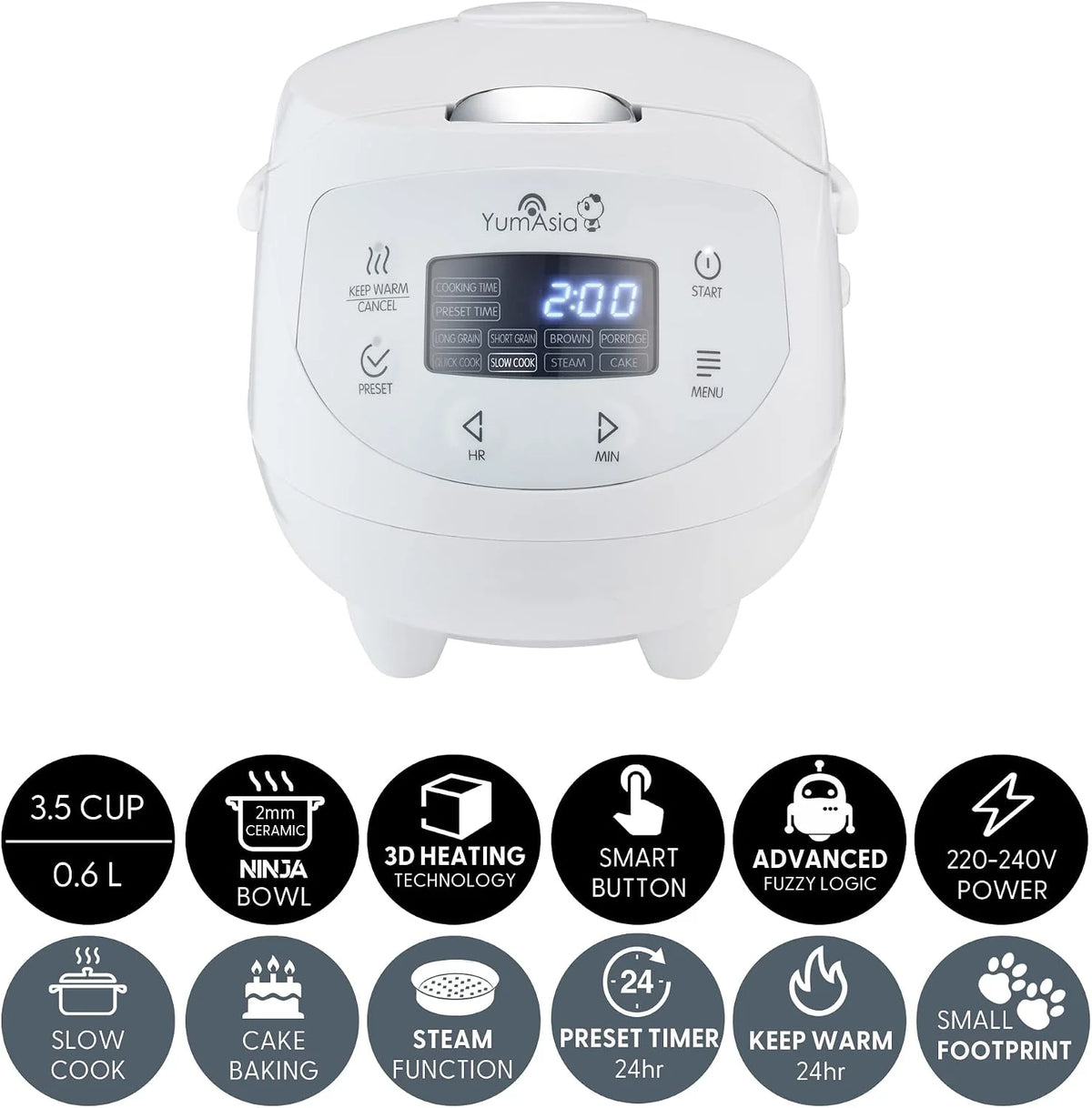 Yum Asia Panda Mini arrocera con cuenco de cerámica Ninja y lógica difusa avanzada (3,5 tazas, 0,63 litros) 4 funciones de arroz, 4 funciones de multicocina 220-240V (Arctic White)