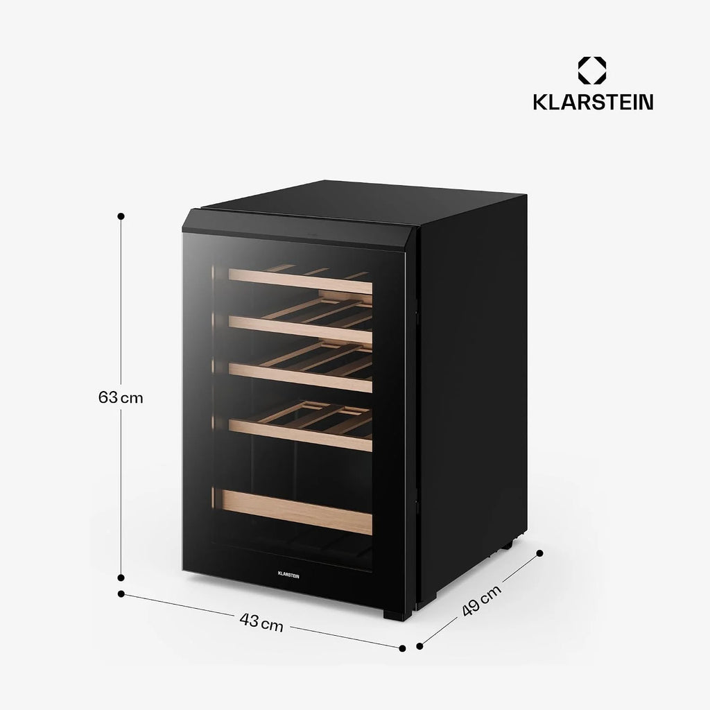 KLARSTEIN Bevora Frigorífico 20 botellas – Enfriador de vino independiente, controles táctiles 4-18 °C, puerta de cristal UV, luz LED, estantes de madera