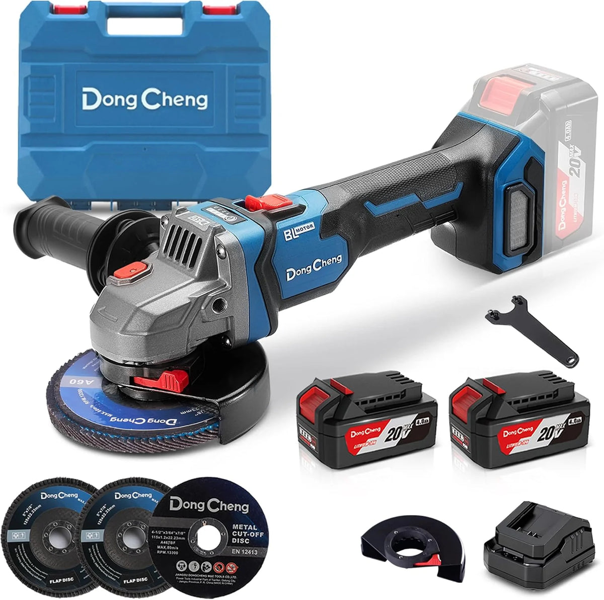 DongCheng Amoladora angular a batería 20V, 125 mm, 1000 W, 2x4.0Ah