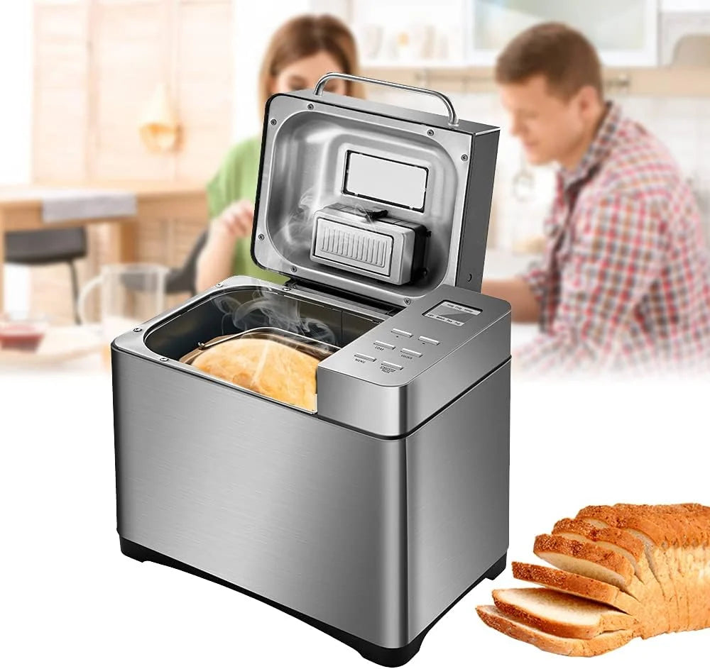 Panificadora con 19 programas de cocción y temporizador, molde antiadherente, dispensador automático y función de mantenimiento en caliente, incluye 7 accesorios