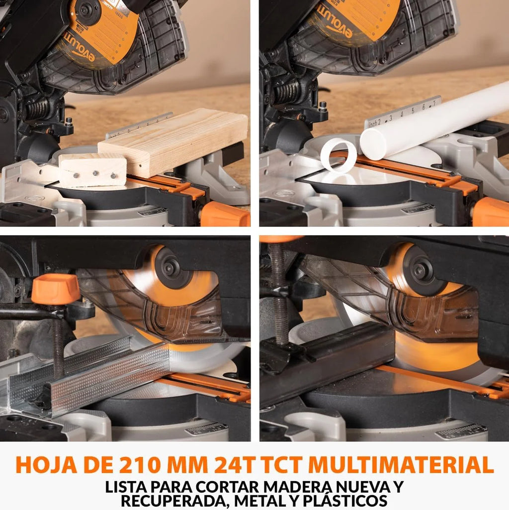 Evolution Power Tools R210MTS-G2 Sierra híbrida convertible de mesa/ingletadora, compacta y portátil, corte multimaterial, corta madera, metal, plástico, etc.; incluye una hoja de 210 mm