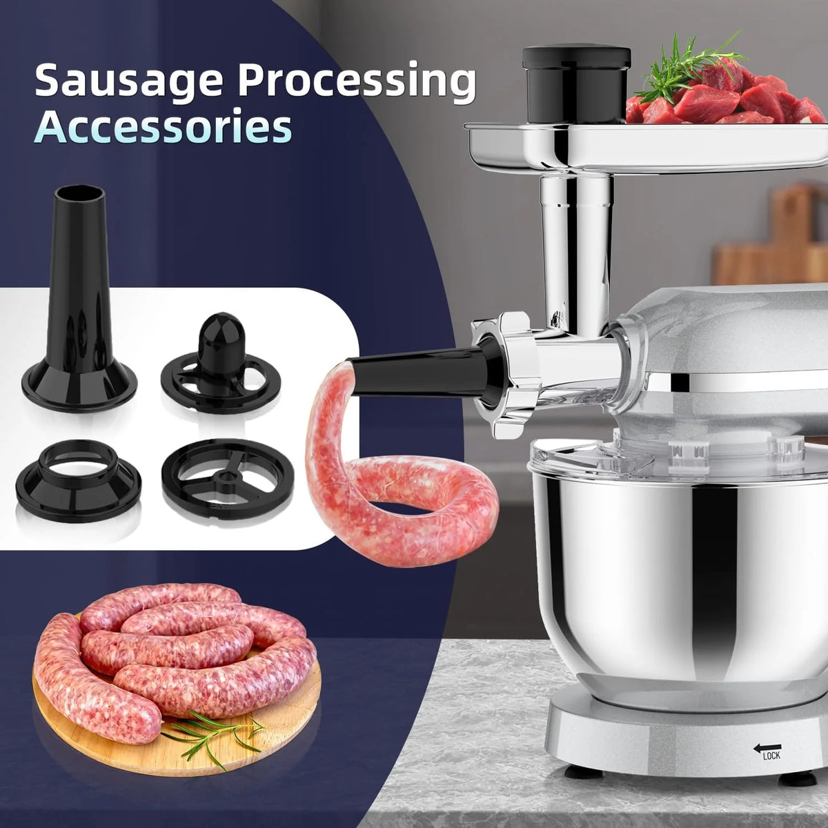 Homlee 3 In 1 Robot De Cocina con Picadora De Carne y Batidora,2000W Amasadora Multifunción, 5.5L Cuenco De Acero Inoxidable,1.5L Exprimidor De zumo, 6 Niveles De Velocidad