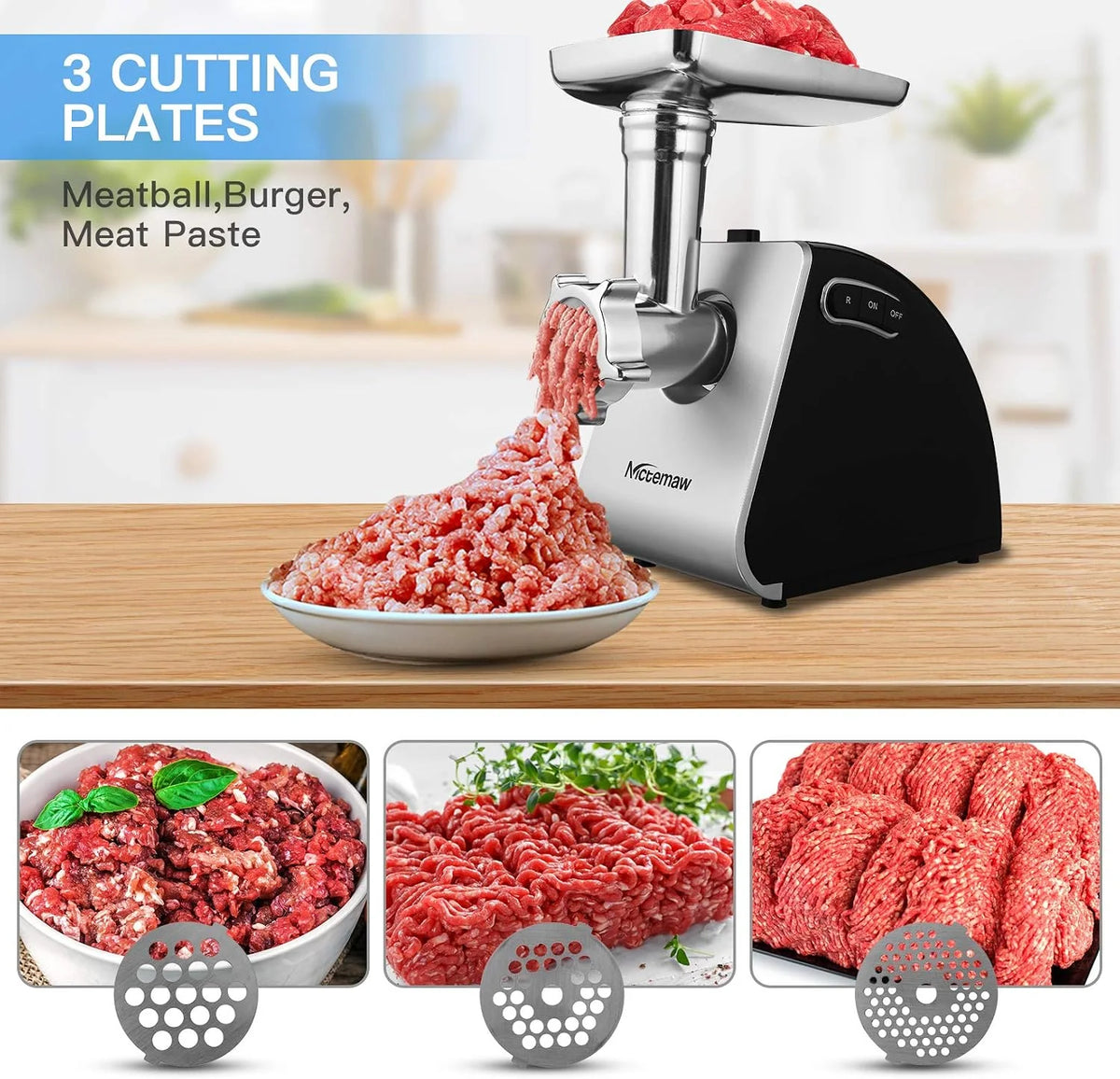 Nictemaw Picadora de carne eléctrica, cortador de verduras, 2000 W, multi robot de cocina, máquina de salchichas con 3 discos perforados, 4 cuchillas cónicas, relleno de salchichas y accesorio de