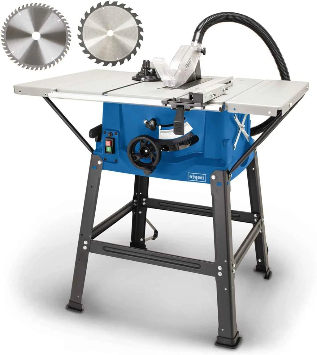 Scheppach Sierra circular de mesa HS100S, incluye 2 hojas - corte fino 2000 W, hoja con un diámetro 250 x 30 mm, máx. altura 85 la 940 642