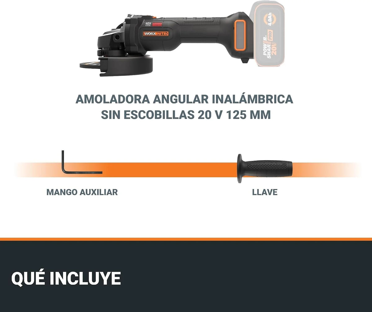 Worx WX814.9 Amoladora Angular Brushless 20V 125mm Sin Bat.
