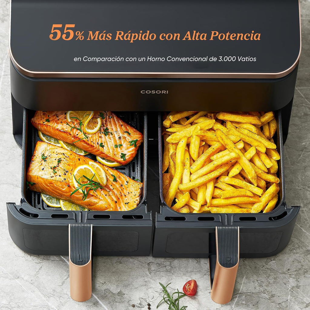 Cosori Freidora de Aire 8,5L, Doble Cesta con Ventana, 10 Funciones, Oro