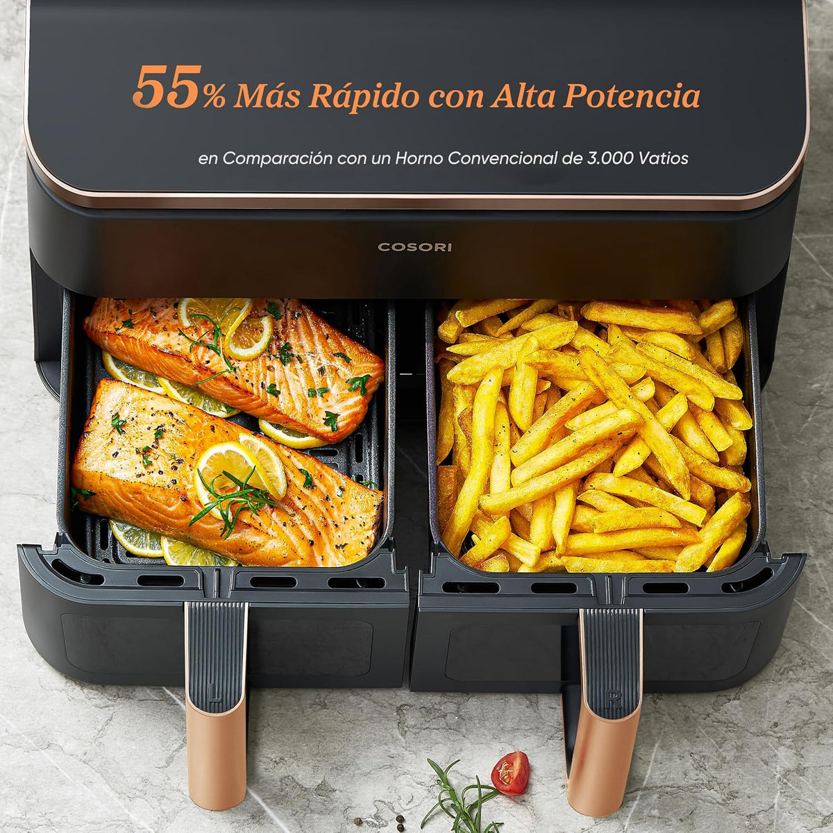 Cosori Freidora de Aire 8,5L, Doble Cesta con Ventana, 10 Funciones, Oro