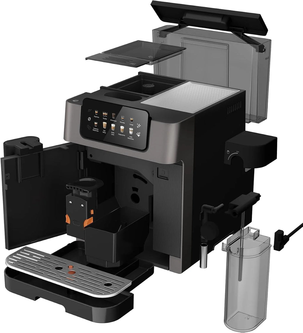 Grundig KVA 7230 Máquina automática de café, 10 especialidades de café, 13 niveles de molienda, tanque de leche, potencia de 1350 W, presión de bomba 19 bar, doble boquilla, iluminación, negro/plata