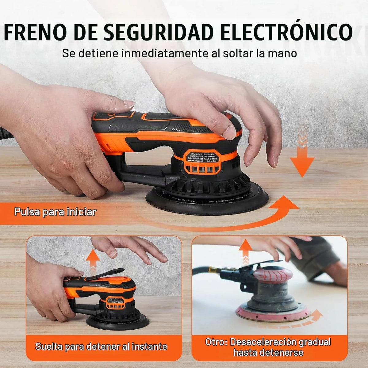 VEVOR Lijadora Orbital Aleatoria sin Escobillas de 350 W, 10 000 PRM y 6 Velocidades con 10 Papeles de Lija, Conector para Polvo y Manguera para Lijado de Detalles de Carpintería, 255 x 150 x 110 mm
