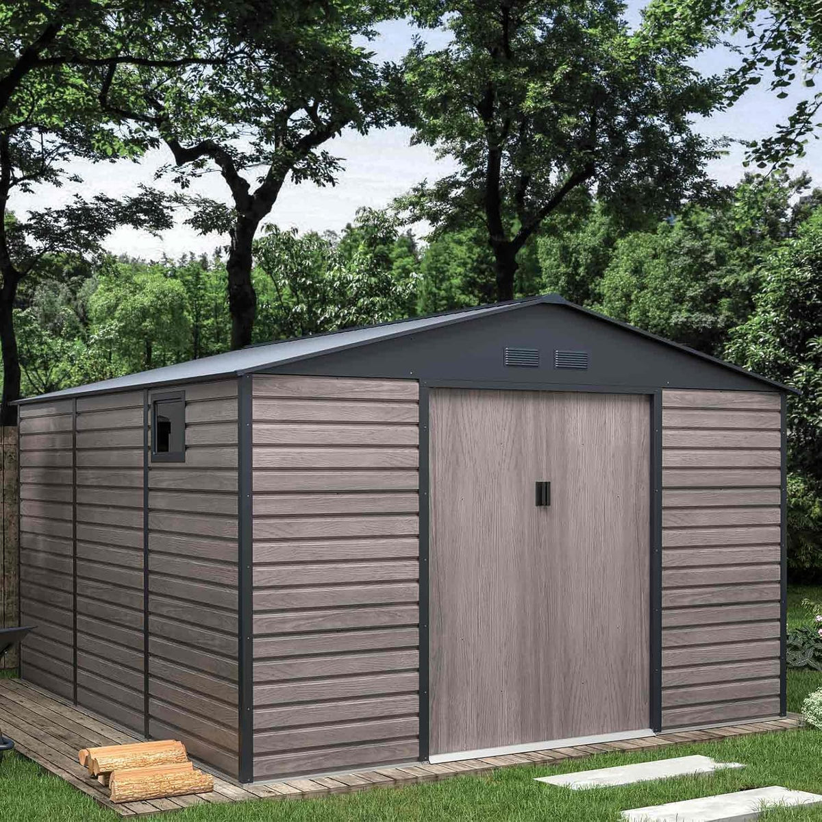 Gardiun Caseta Metálica Surrey 13 m2 Exterior 340x382x226 cm de Acero con Ventana Lateral y Efecto Madera Veteada