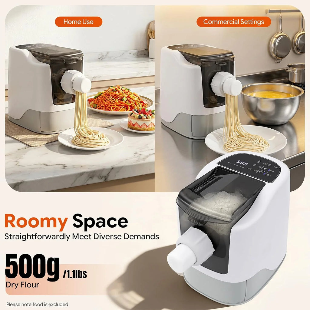 Máquina de pasta eléctrica, 260 W, máquina de pasta totalmente automática, 500 g de capacidad, silenciosa (60 dB), 5 minutos de amasado para albóndigas, espaguetis fettuccine