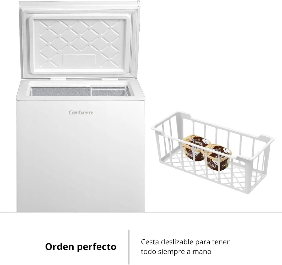 Corberó - Arcón Congelador Horizontal | CCHM1006M | 99L | 54,7cm x 84,9cm | Motor Inverter 38db | Sistema Dual | Súper Congelación | Control con Display | 1 Cesta |Blanco