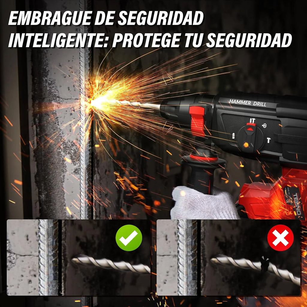 Martillo Perforador a Batería 20V sin Escobillas, 2.6J,1500RPM,4850BPM, SDS-Plus, 2×4.0Ah Baterías y Cargador, Martillo Percutor con LED, Empuñadura Antivibración y Maletín con 8 Accesorios