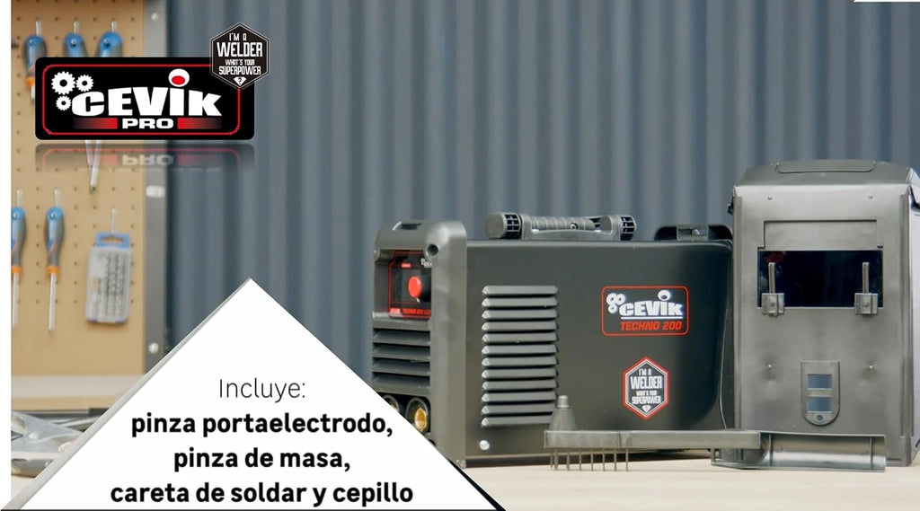 CEVIK PRO CE-TECHNO200LCD - Soldador Inverter MMA con Máscara de Soldadura y Portaelectrodo - 200A 50% 230V-Electrodos hasta 5mm - Pantalla LCD - Conectable a Generador - Máquina de Soldar
