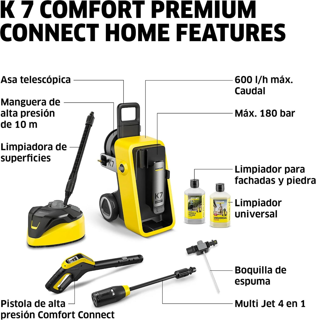 Kärcher hidrolimpiadora K 7 Comfort Premium Connect Home, presión: máx. 180 Bar, caudal: 600 l/h, área: 60 m²/h, Manguera de Alta presión, Tambor para Manguera, Control Mediante App, Home Kit