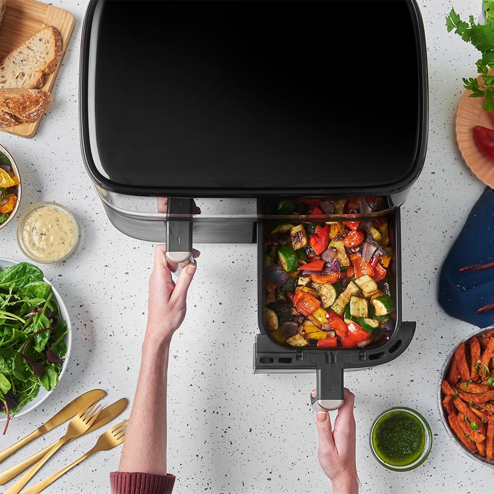 Russell Hobbs freidora de aire, freidora sin aceite, doble cesta 9 l, Air Fryer, ruido reducido, 9 programas, Rapid Air, máx. 200 °C, táctil, cestos aptos para lavavajillas, 2800 W, Satisfry 27681-56
