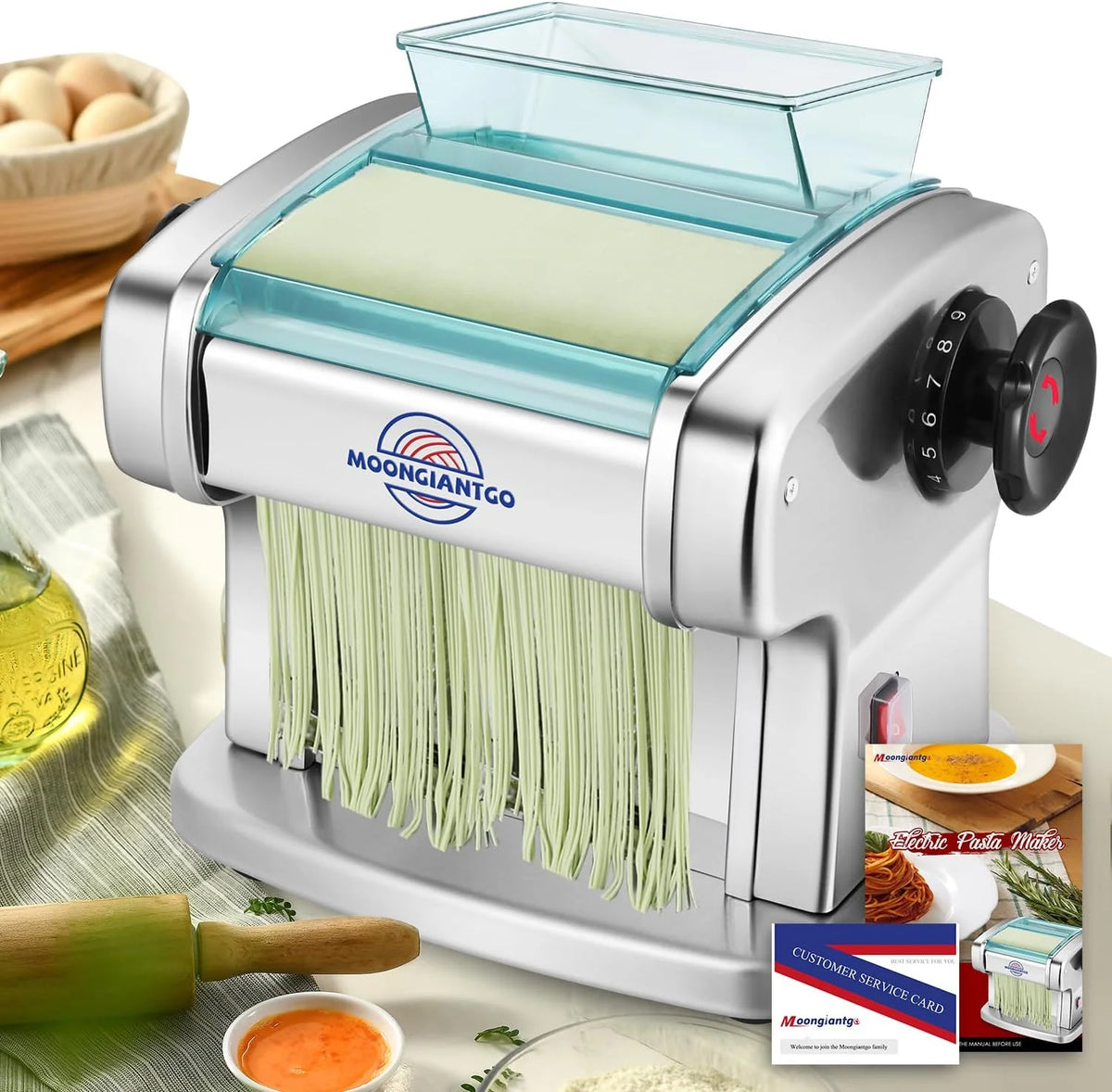 Moongiantgo Máquina Pasta Eléctrica, 2 Cuchillas, 9 Ajustes de Espesor