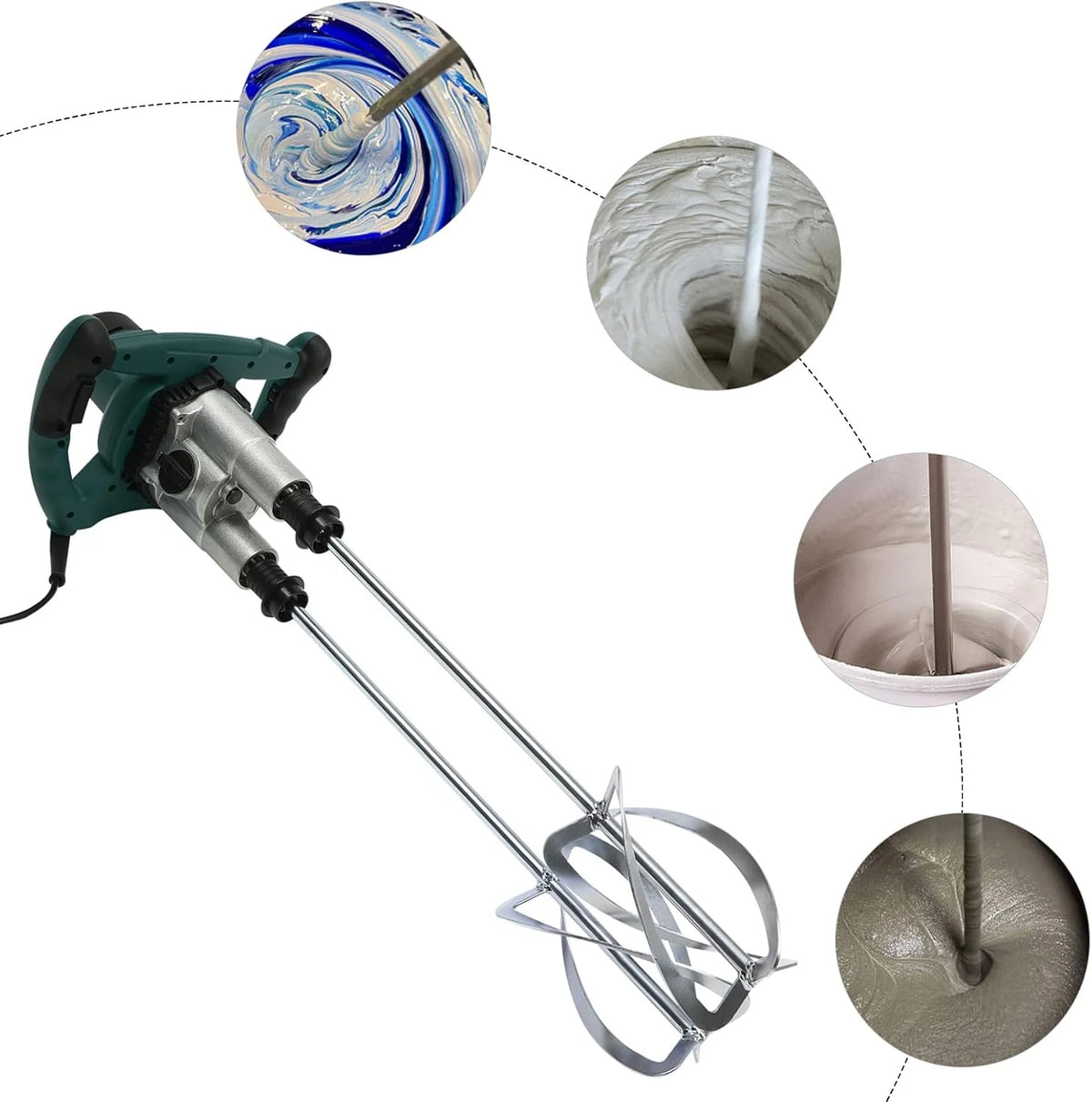 Mezclador de mortero, 2800 W, agitador doble, 6 marchas, velocidad de ralentí: 0-390 rpm, agitador de hormigón para pintura al óleo, cemento, mortero fino, longitud de la varilla: 530 mm (verde)