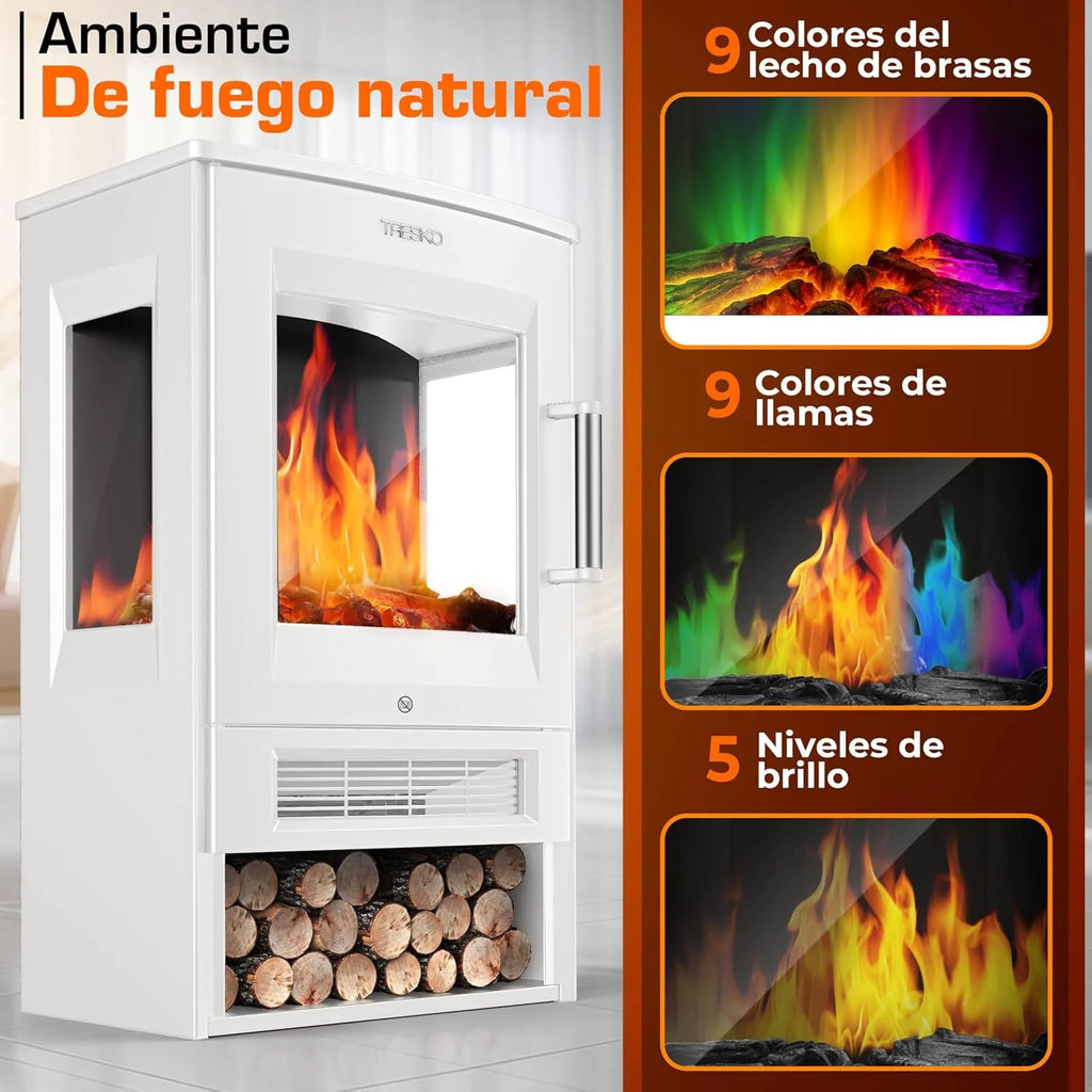 TRESKO Electric Fireplace Heating 1800W, Smart Home WiFi App & Remote | Electric Stove with LED Flame Effect and LCD Display | Electric Fireplace with Thermostat | Ventilated Heating (White)