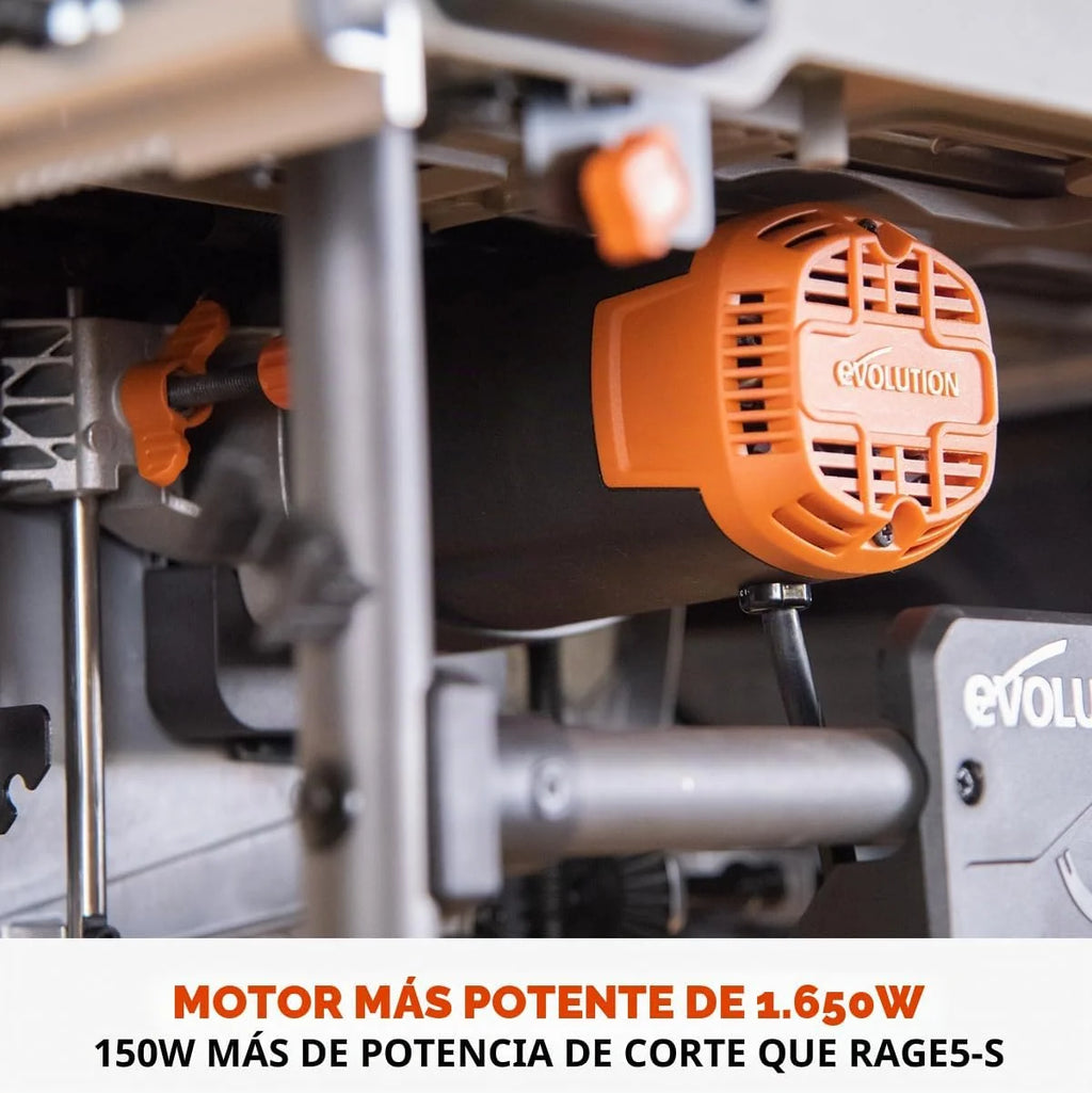 Evolution Power Tools R255TBLX Sierra De Mesa Con Soporte (Próxima Generación Rage 5-S) Hoja De Corte Multimaterial Incluida Corta Madera Metal Plástico, Bisel 45˚, +/- 60˚ Ángulo De Inglete, 1650w
