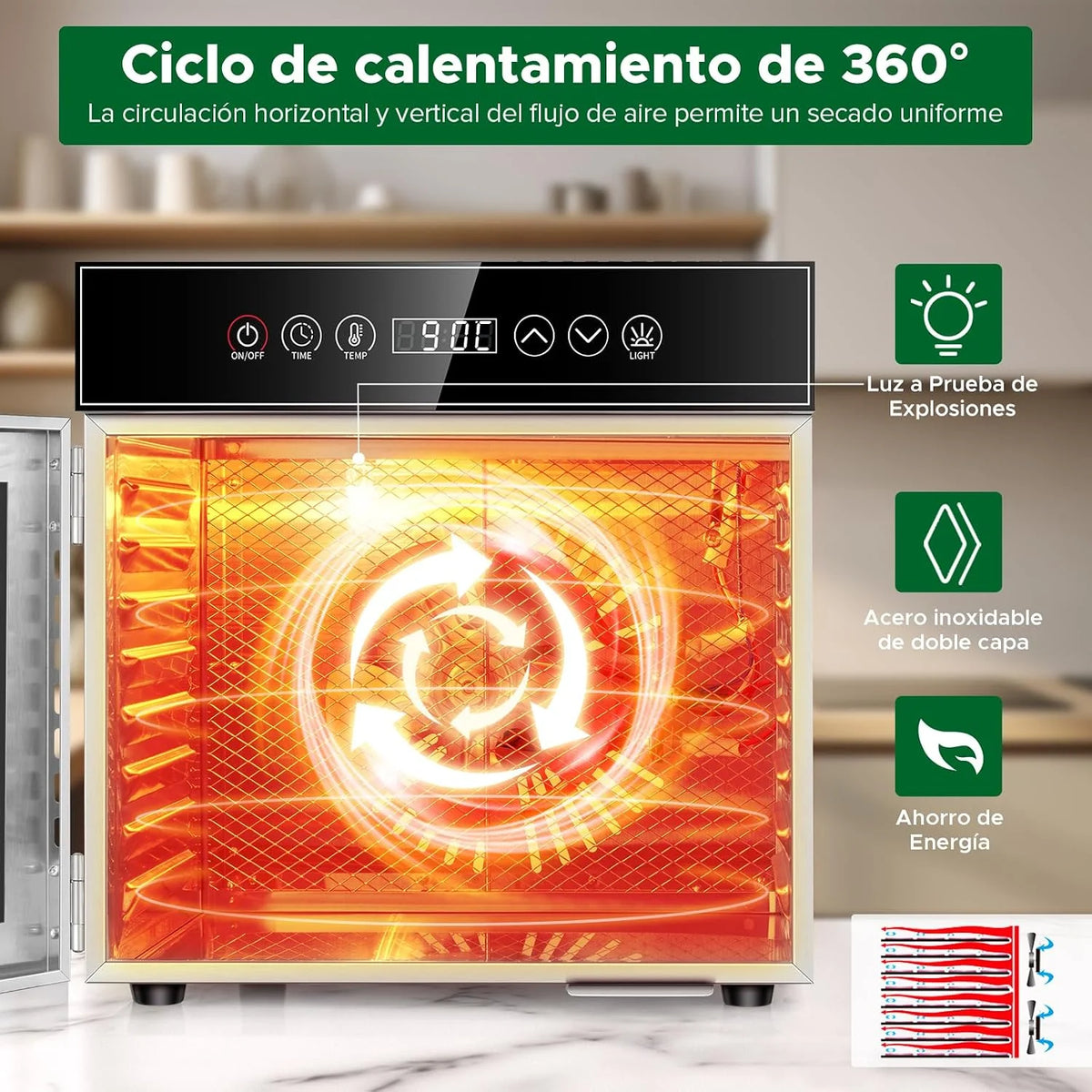 Kwasyo Deshidratador de acero inoxidable, 600 W, con 8 niveles, deshidratador profesional y deshidratador de alimentos, temporizador digital, regulación de temperatura, protección contra