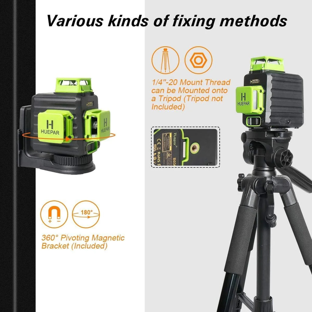 Huepar B03CG 3X360° Nivel Láser Verde 12 Líneas,Batería Recargable USB