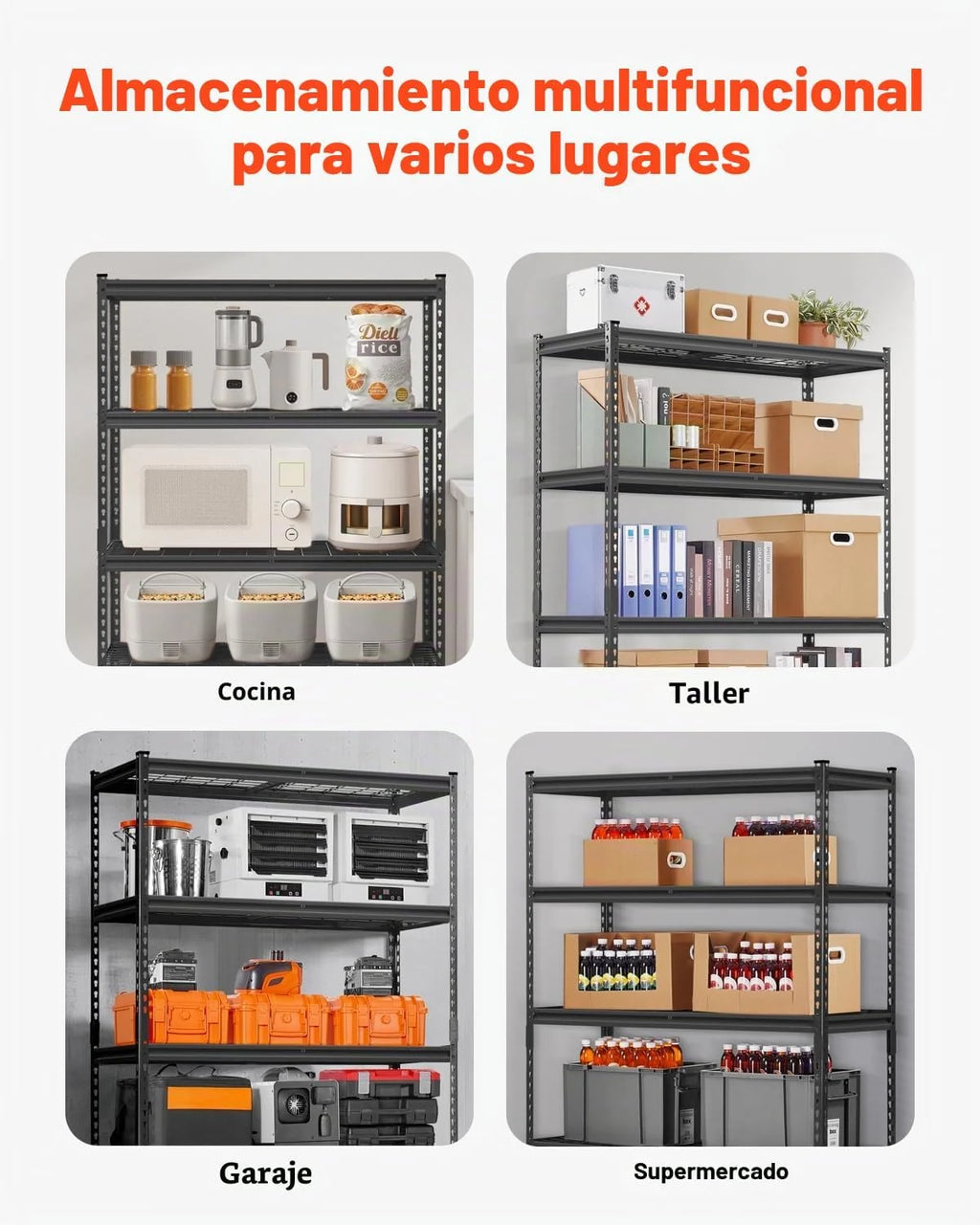 VEVOR Estantes de Almacenamiento de 457,2 x 1219,2 x 1828,8 mm Carga de 1134 kg, Estanterías de Garaje Resistentes de 5 Niveles, Estantes de Metal Ajustables para Cocina, Almacén, Sótano, Negro