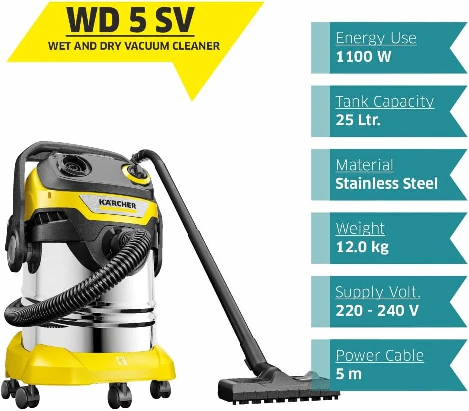 Kärcher, Aspirador en Seco y Húmedo WD 5 S V-25/5/22, Filtro plegado plano, 1100 W, Yellow/Black, Depósito 25 l, Manguera aspiración 2,2 m y almacenamiento de manguera