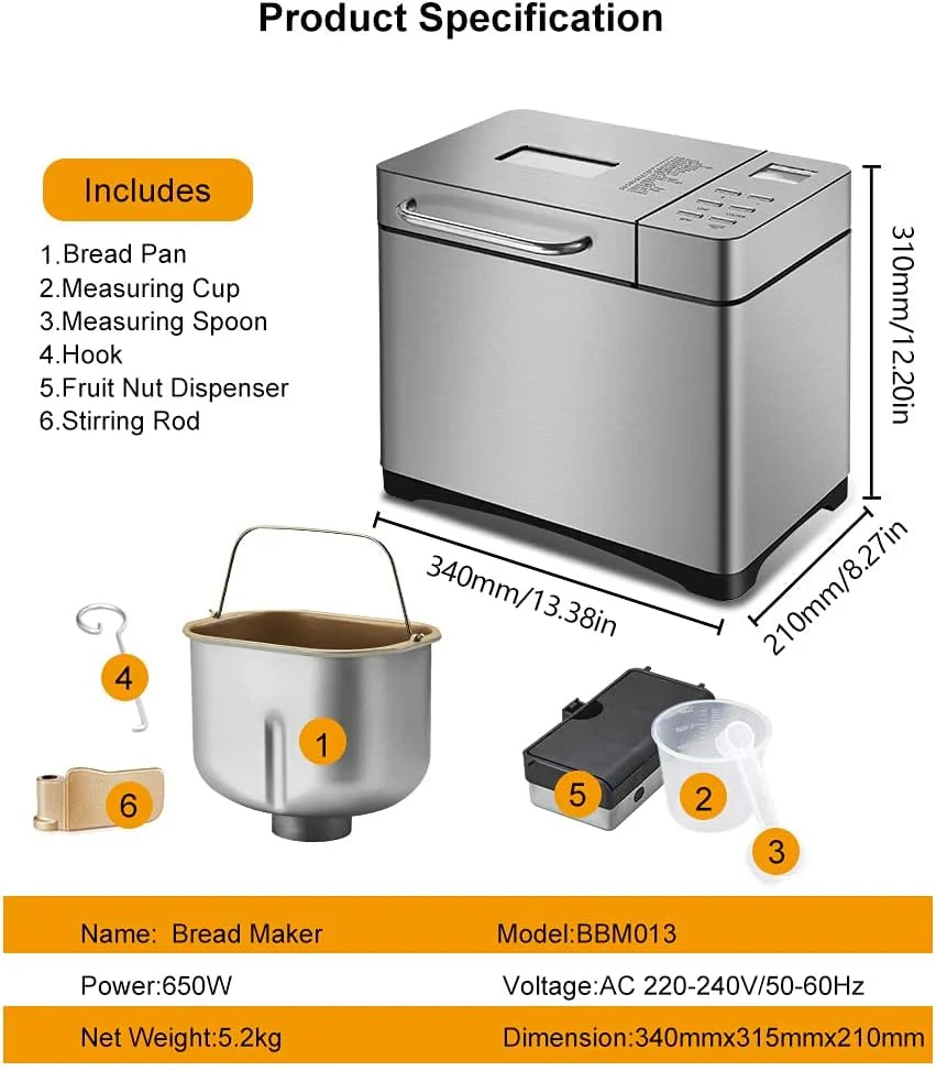 Panificadora de 1000 g, 19 programas, para panadería, 650 W, para la cocina en casa, caravana, camping, fiestas, restaurante