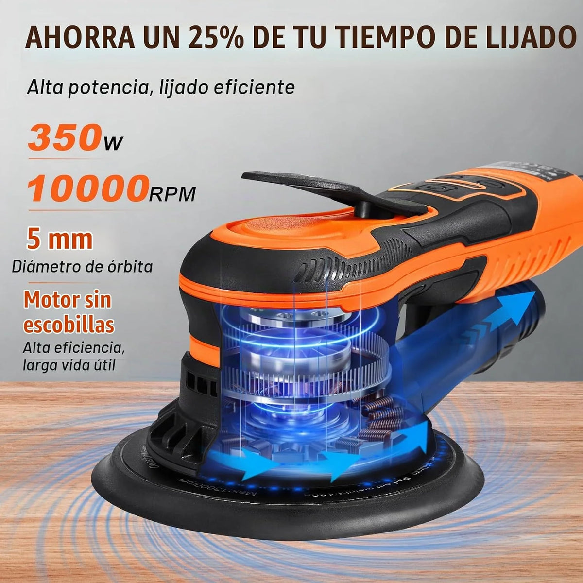 VEVOR Lijadora Orbital Aleatoria sin Escobillas de 350 W, 10 000 PRM y 6 Velocidades con 10 Papeles de Lija, Conector para Polvo y Manguera para Lijado de Detalles de Carpintería, 255 x 150 x 110 mm