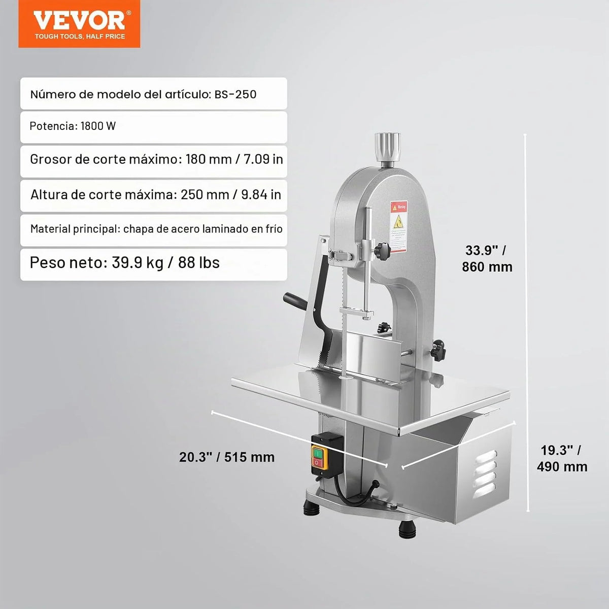 VEVOR Sierra de Cinta Eléctrica Comercial para Carne y Huesos de Acero Inoxidable de 1800 W para Encimera, Grosor Máximo de Corte 180 mm, con 5 Cuchillas para Costillas Cerdo y Res, 515 x 490 x 860 mm