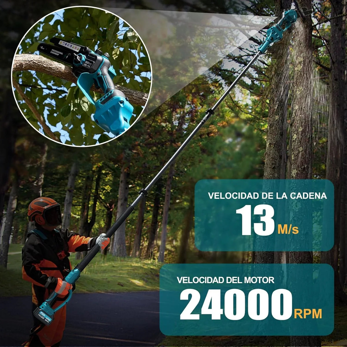 2-en-1 8 Pulgadas Mini Motosierra y Motosierra de Pértiga Inalámbrica con 2 Baterías de 4000mAh, Motosierra sin Escobillas con Telescópicas para Exterior, Extensible hasta 4M