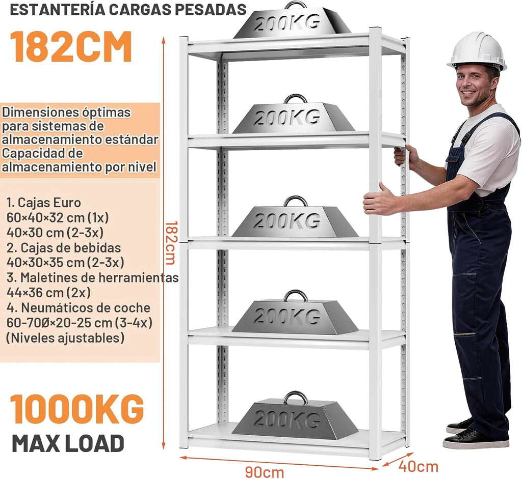 Himimi Estantería Metálica de Carga Pesada 182x90x40 cm, 1000kg (200kg/Nivel), 5 Baldas de Acero Ajustables, Estantería de Almacenaje sin Tornillos para Garaje, Sótano, Taller, Almacén, Cocina, Blanco