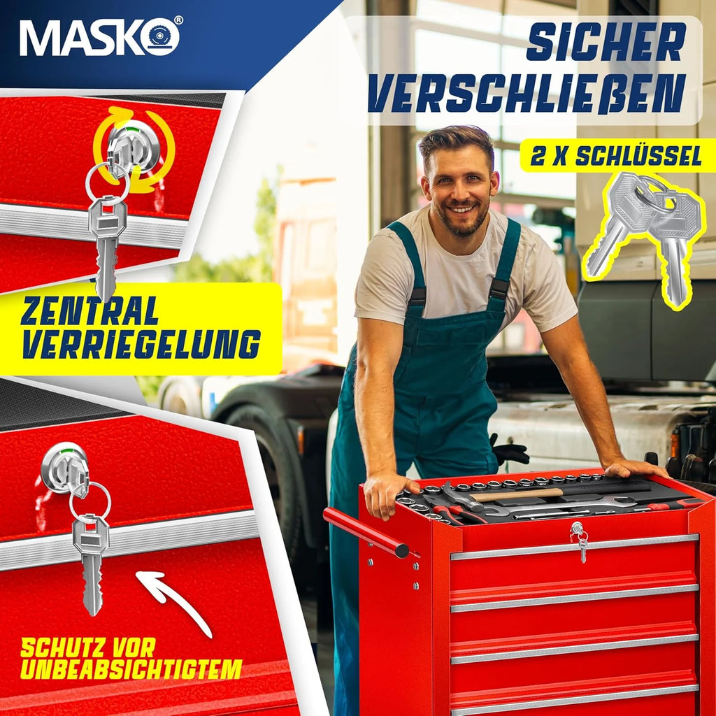 Masko® Carro de taller con 5 cajones y cerradura, rojo, metal macizo. Carro de herramientas profesional y movible sin equipamiento, carrito con ruedas para almacenamiento de herramientas con candado