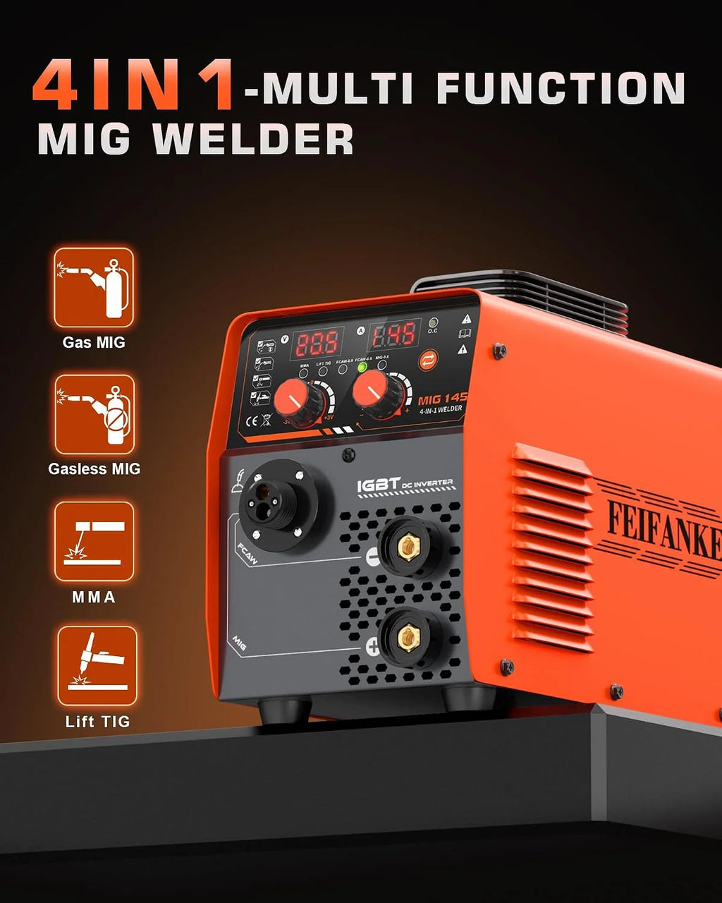 FEIFANKE Soldador De Hilo Sin Gas 230V 145A Soldador Inverter MIG MAG 4 en 1 Sin Gas MIG/MIG/MMA/Lift TIG Maquina De Soldar Synergy IGBT Adecuado para Acero Al Carbono Y Hierro De 1,0-4,8 mm