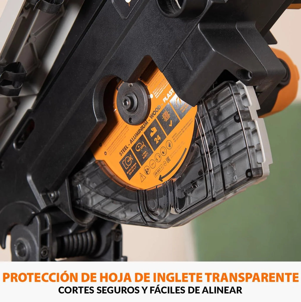 Evolution Power Tools R210MTS-G2 Sierra híbrida convertible de mesa/ingletadora, compacta y portátil, corte multimaterial, corta madera, metal, plástico, etc.; incluye una hoja de 210 mm
