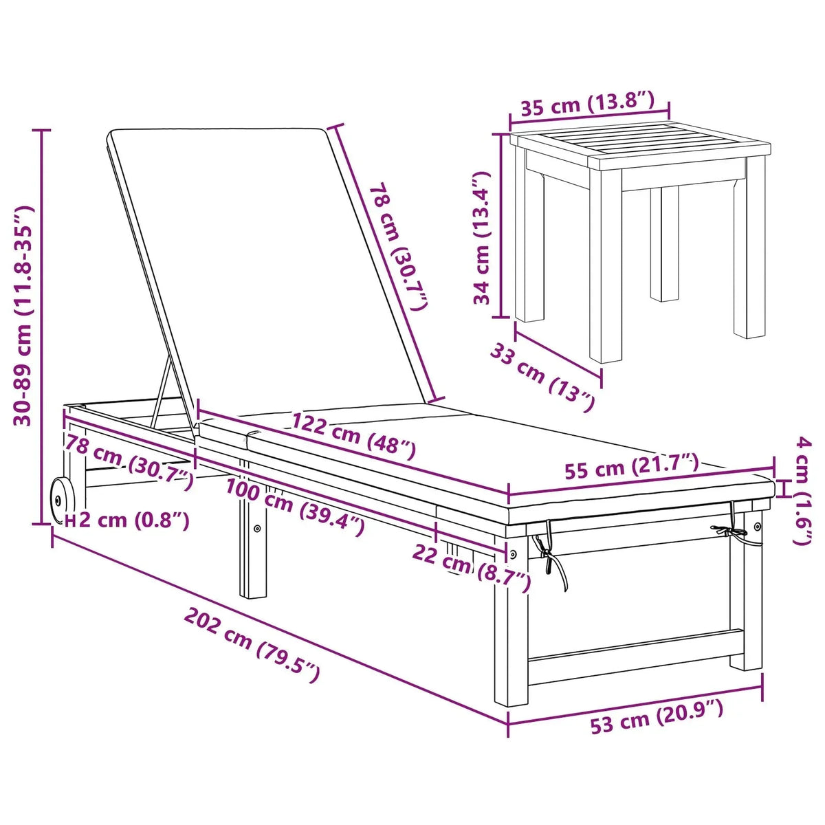 2025 Tumbonas 2 pcs con Mesa y Cojines de Madera Maciza de Acacia, Tumbona con Cojines Crema de Madera Maciza de Acacia, Mesa Lateral de Jardín 35x35x34 cm de Madera Maciza de Acacia V8526