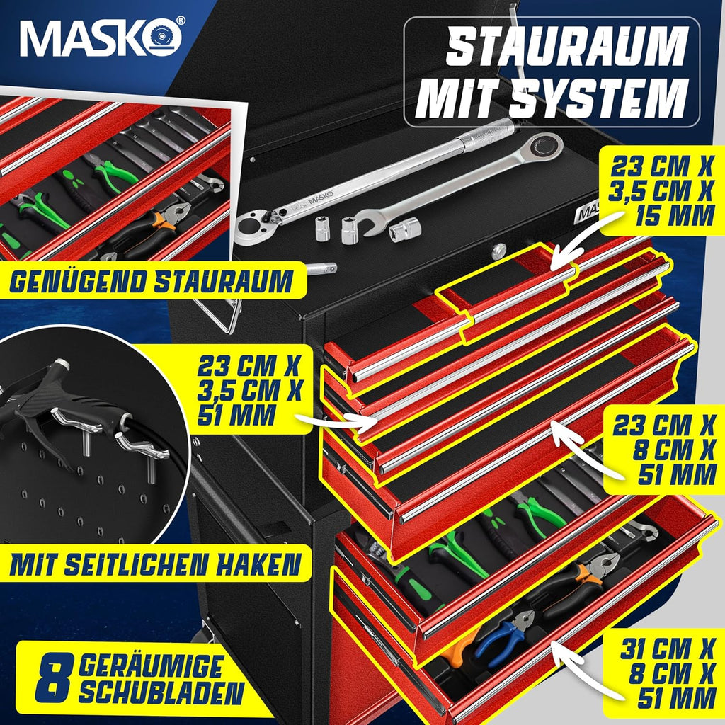 MASKO® Carro de taller con maletín incluido, 9 compartimentos con cerradura metal macizo, sin herramientas, para guardar herramientas, rojo