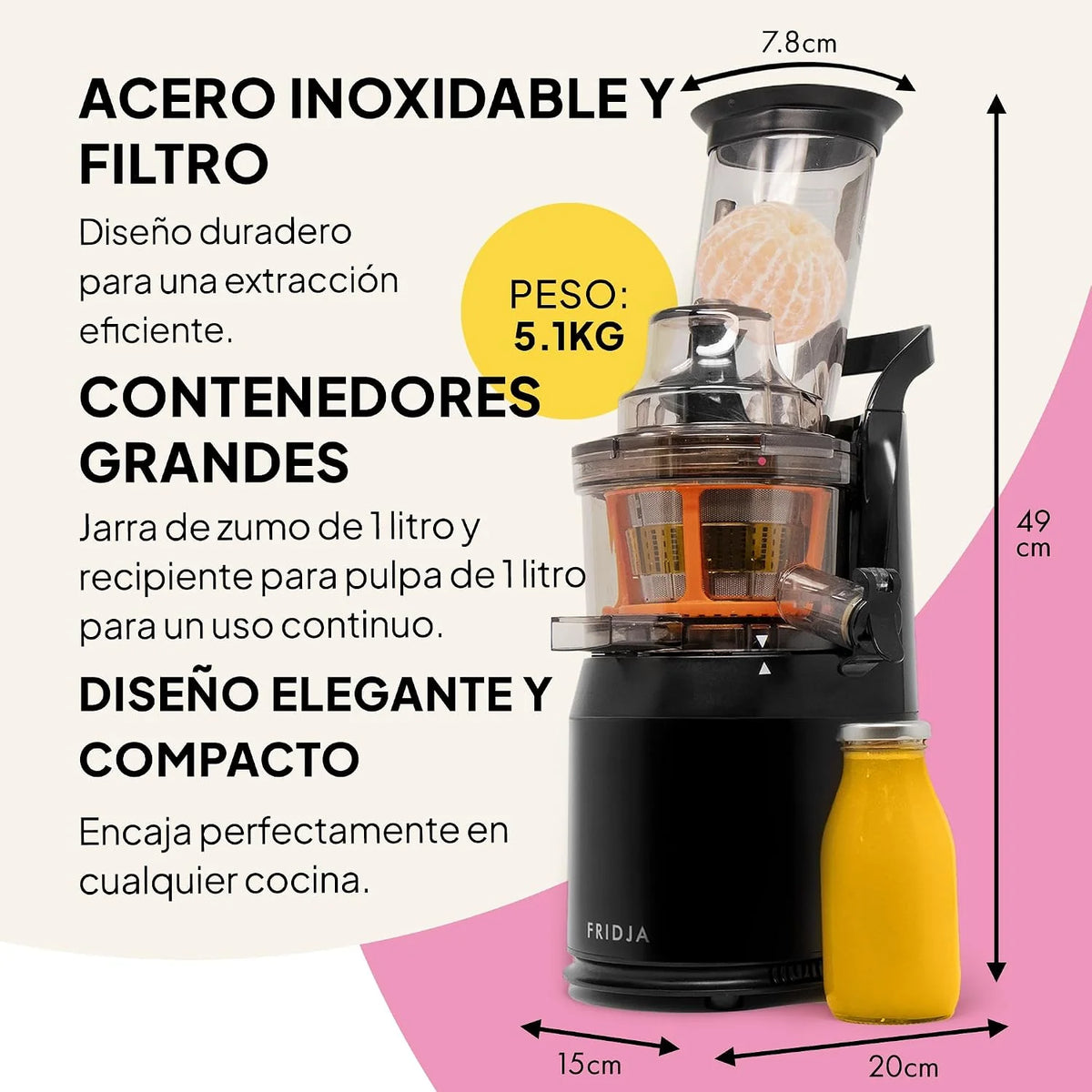 Fridja F1900 - Extractor de zumos para frutas y verduras, exprimidor lento de prensado en frío, exprimidor eléctrico sin BPA, 240W, con tamiz, grifo antigoteo, licuadora lenta que conserva vitaminas