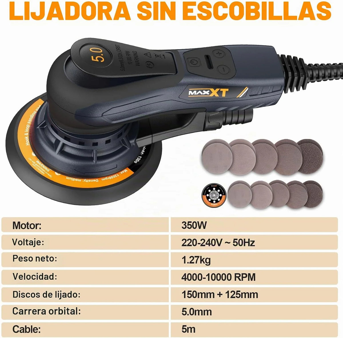 MAXXT lijadora excéntrica 150 mm, sin escobillas, conector tri-núcleo, carrera 5,0 mm, freno automático (2 s), 6 velocidades, incluye 10 lijas y cable 5 m.