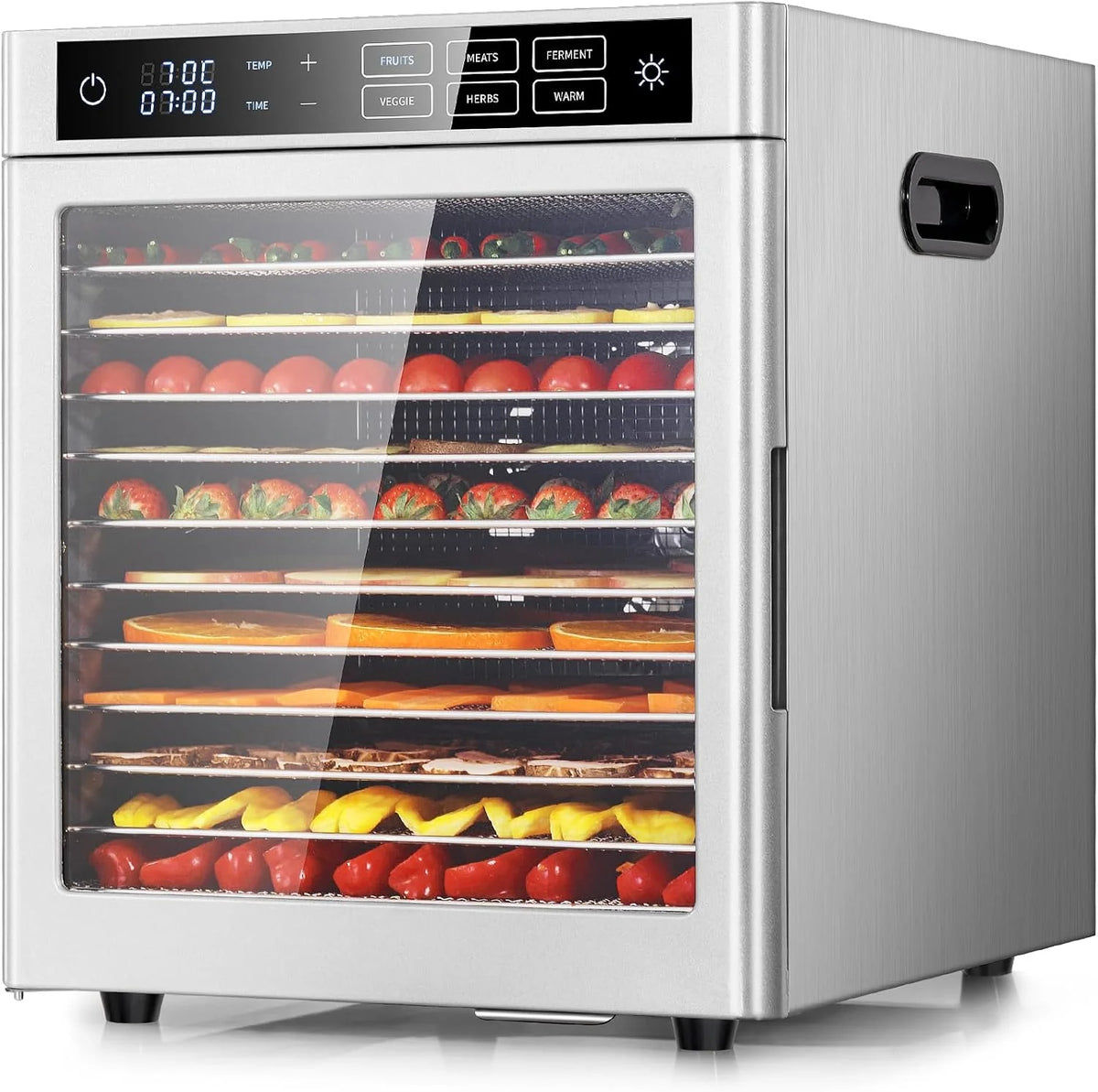 Kwasyo Deshidratador de Alimentos Acero Inoxidable 12 Bandejas, 6 Funciones Preestablecidas, Deshidratador de 800W, 6 Tapetes de Silicona, 2 Tarros, 2 Bandejas para Rollos de Frutas, Receta Incluida