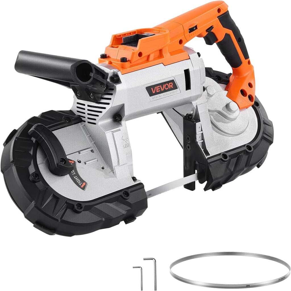 VEVOR Sierra de Cinta Portátil, Corte Profundo de 127 mm 360 W Motor sin Escobillas Sierra de Cinta Inalámbrica y Compacta con Ganchos, Velocidad Variable de 0-120 m/min para Cortar Metal y Madera